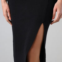 Saia De Tricot Midi Com Fenda - Preto