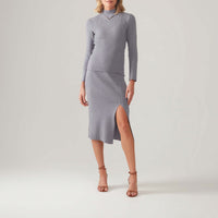 Saia De Tricot Midi Com Fenda - Cinza Mescla