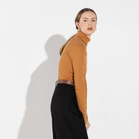 Blusa Canelado Algodão Gola Rolê Feminina - Ocre