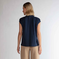 Blusa Algodão Ultraleve Franzida Feminina - Azul Marinho