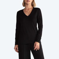 Camiseta Perfeita Pima Manga Longa Gola V Feminina - Preto