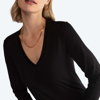 Camiseta Perfeita Pima Manga Longa Gola V Feminina - Preto