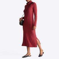 Vestido Midi Canelado Viscose Gola Rolê - Marsala
