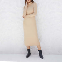 Vestido Midi Canelado Viscose Gola Rolê - Khaki