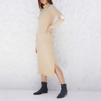 Vestido Midi Canelado Viscose Gola Rolê - Khaki