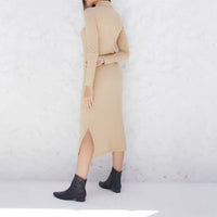 Vestido Midi Canelado Viscose Gola Rolê - Khaki