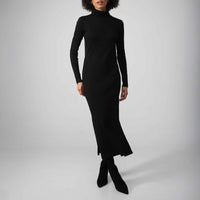 Vestido Midi Canelado Algodão Gola Rolê - Preto