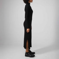 Vestido Midi Canelado Algodão Gola Rolê - Preto