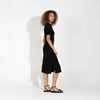 Vestido Midi Canelado Algodão Manga Curta - Preto