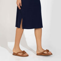 Vestido Midi Canelado Algodão Manga Curta - Azul Marinho