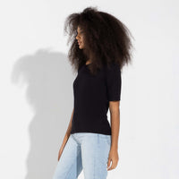 Blusa Algodão Canelado Manga Curta Feminina - Preto