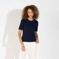 Blusa Algodão Canelado Manga Curta Feminina - Azul Marinho