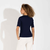Blusa Algodão Canelado Manga Curta Feminina - Azul Marinho