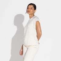 Camiseta Viscose Listras Feminina - Listras Off Vanilla E Azul Marinho