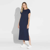 Vestido Midi Malha Striped - Azul Marinho