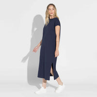 Vestido Midi Malha Striped - Azul Marinho