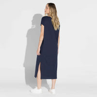 Vestido Midi Malha Striped - Azul Marinho