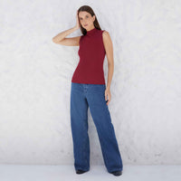 Regata Canelada Viscose Gola Alta Feminina - Vermelho Escarlate