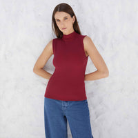 Regata Canelada Viscose Gola Alta Feminina - Vermelho Escarlate