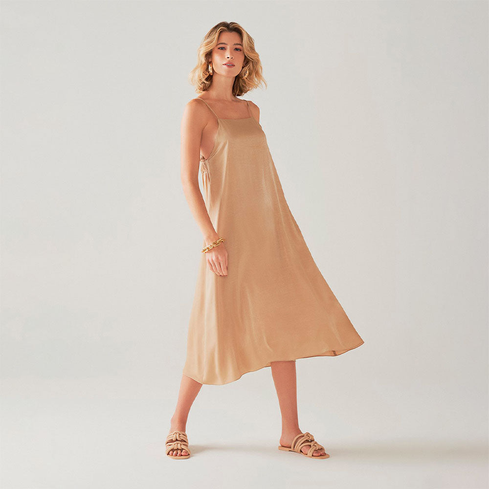 Vestido Fluido Alças Finas - Camel