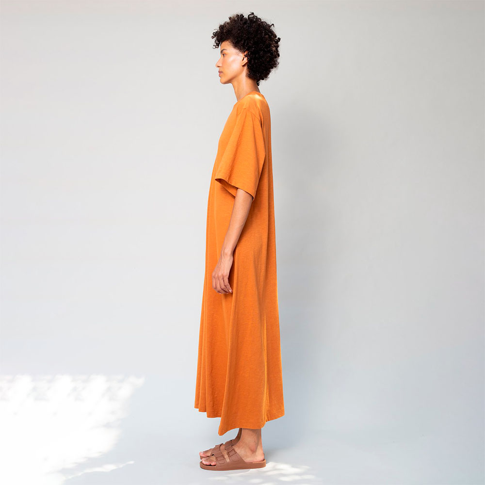 Vestido Gola C Longo Algodão Ocre - Ocre