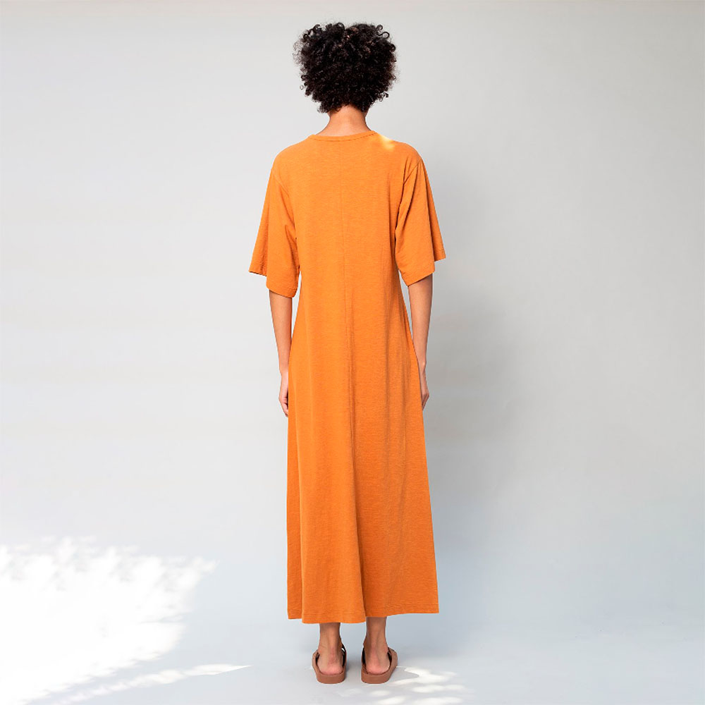 Vestido Gola C Longo Algodão Ocre - Ocre