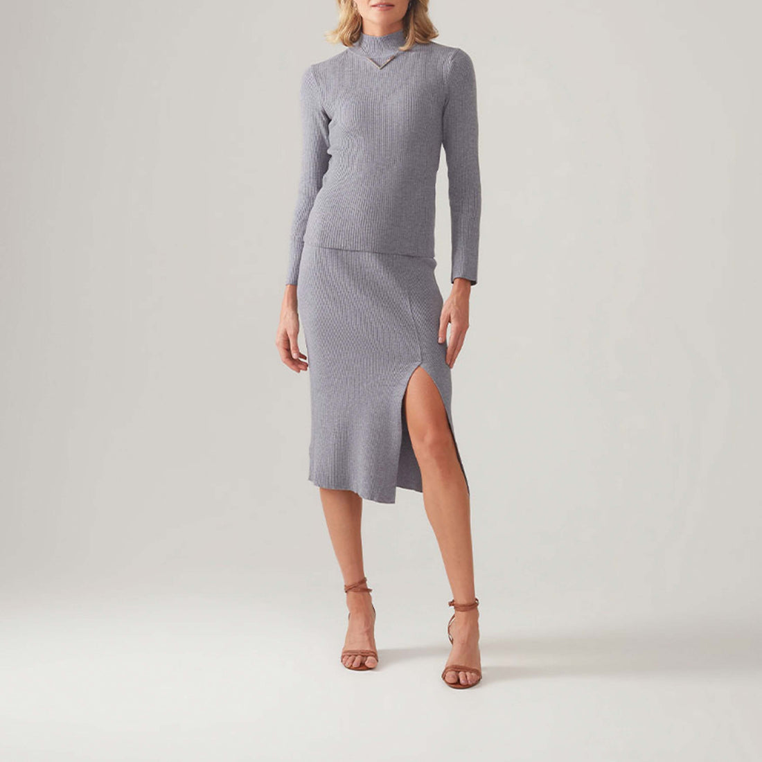 Saia De Tricot Midi Com Fenda - Cinza Mescla