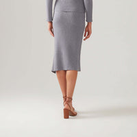 Saia De Tricot Midi Com Fenda - Cinza Mescla