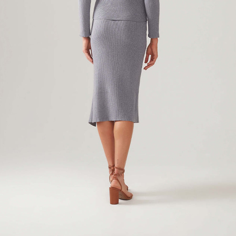 Saia De Tricot Midi Com Fenda - Cinza Mescla