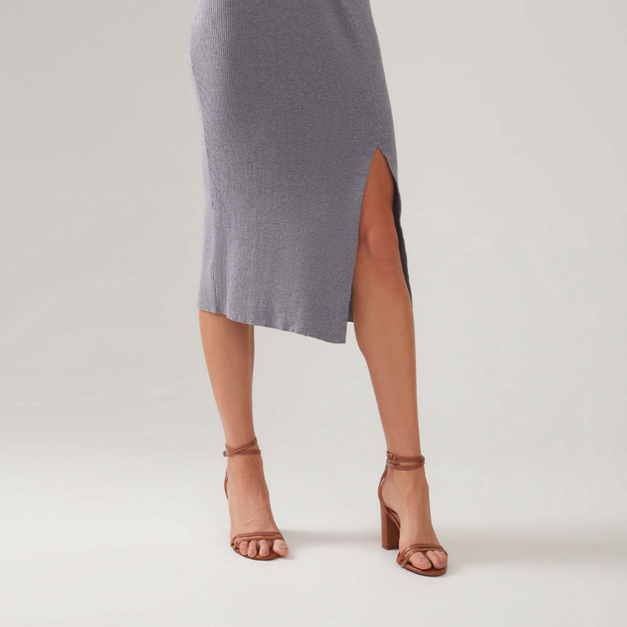 Saia De Tricot Midi Com Fenda - Cinza Mescla