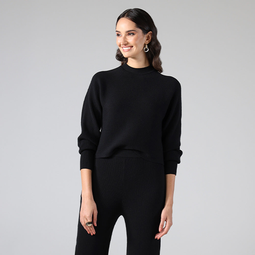 Suéter De Tricot Cropped - Preto