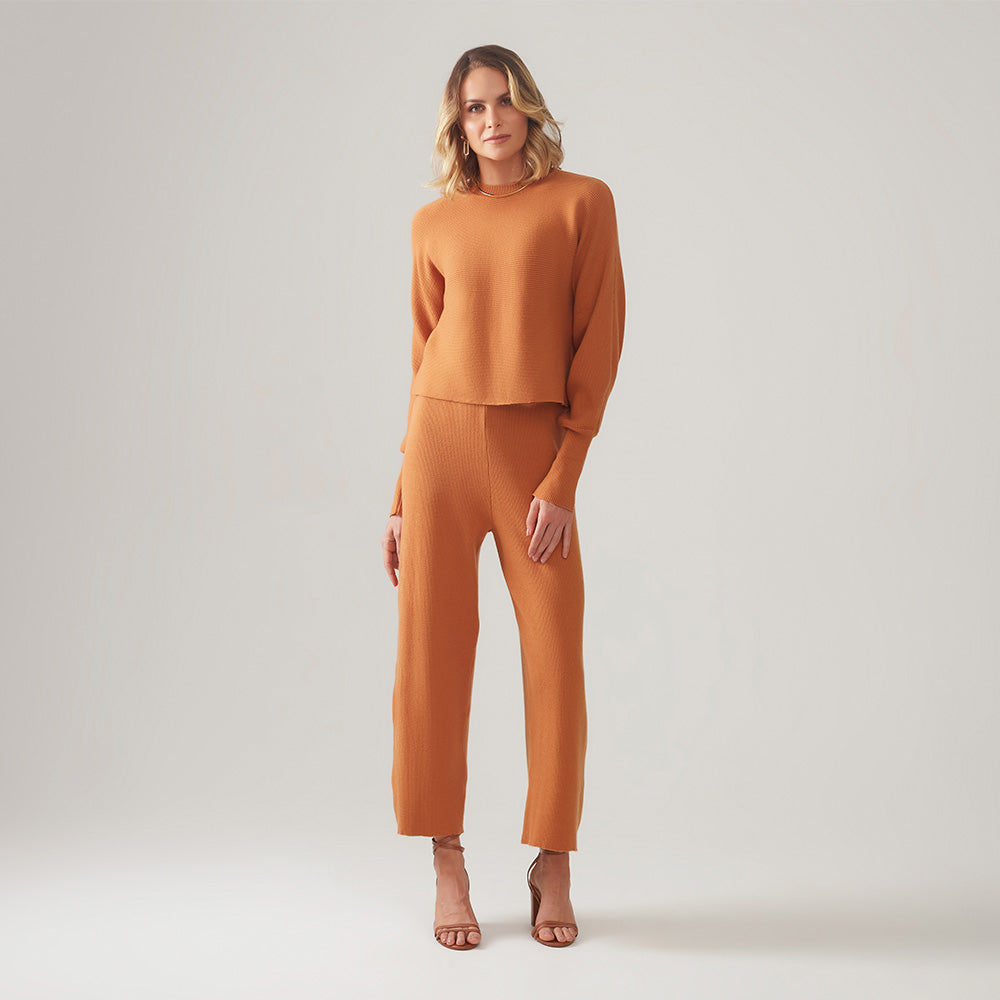 Calça Reta De Tricot - Camel