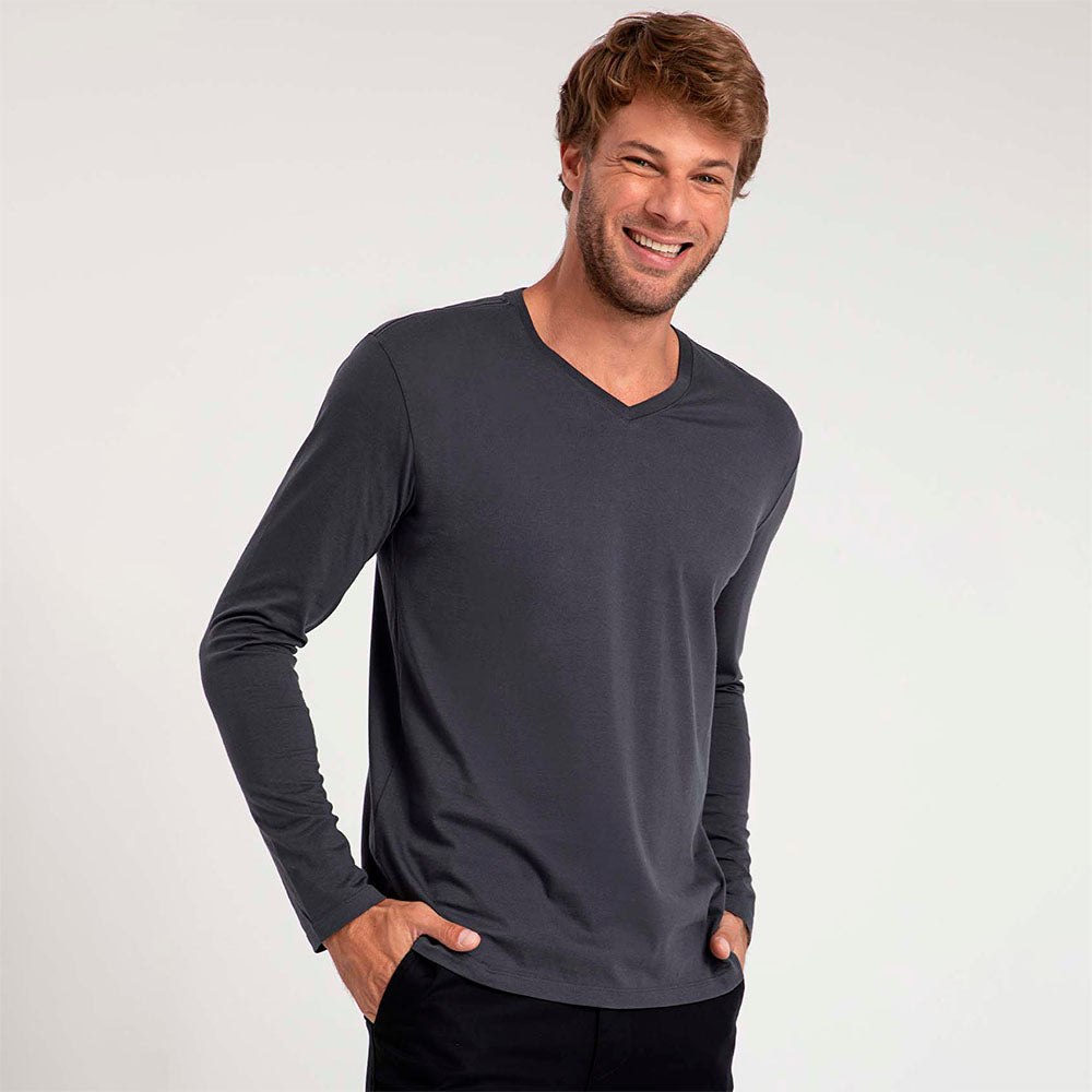 Camiseta Pima Gola V Manga Longa Masculina | Life Collection - Grafite Inativo