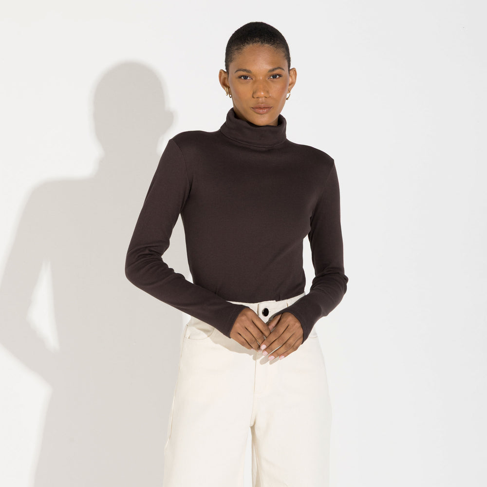Blusa Canelado Algodão Gola Rolê Feminina - Marrom
