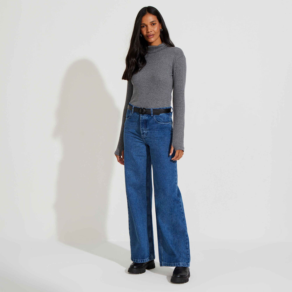 Blusa Canelado Algodão Gola Rolê Feminina - Mescla Escuro