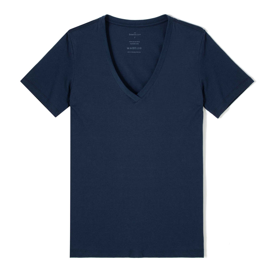 Camiseta Algodão Premium Gola V Feminina | Everyday Collection - Azul Marinho