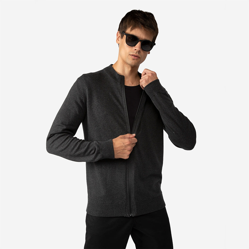 Suéter Tricot Algodão Zíper Masculino - Mescla Escuro