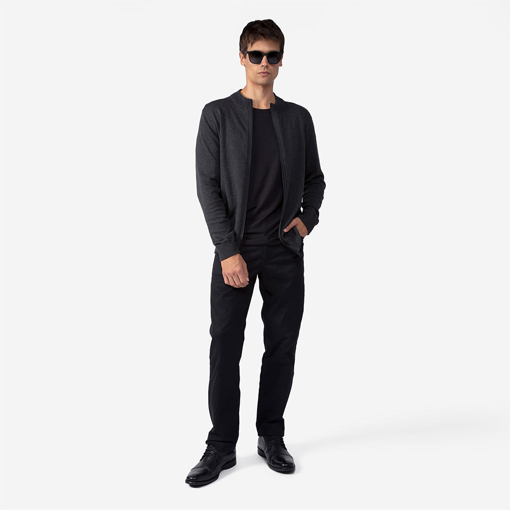 Suéter Tricot Algodão Zíper Masculino - Mescla Escuro