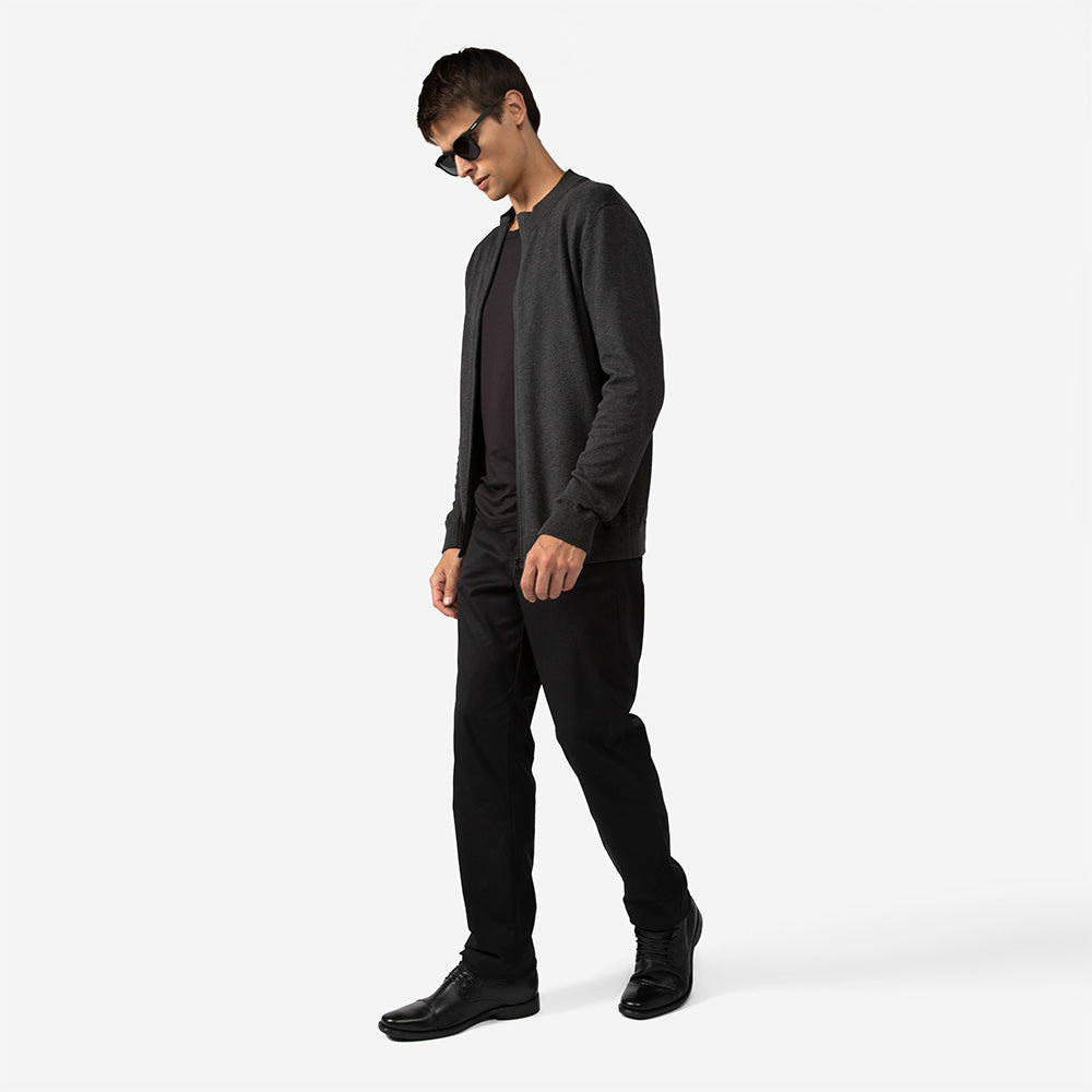 Suéter Tricot Algodão Zíper Masculino - Mescla Escuro