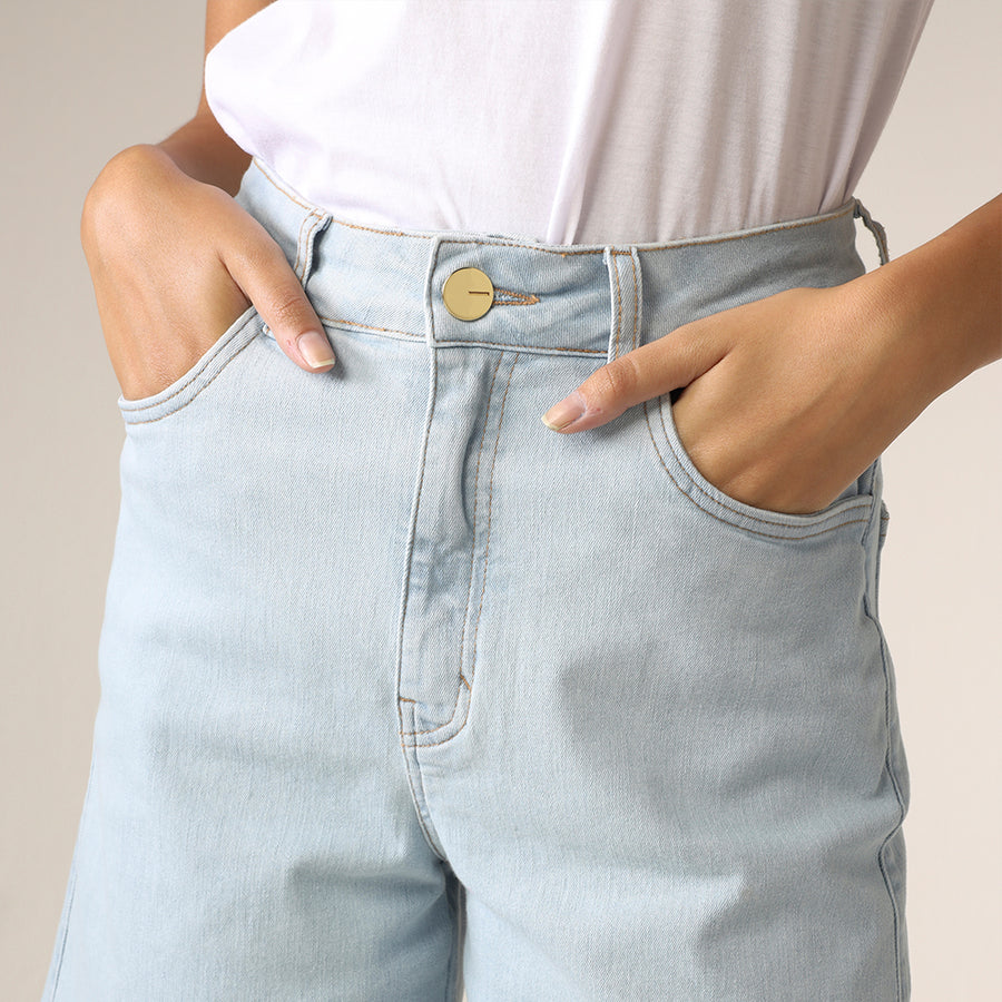Shorts Jeans Cintura Alta - Azul Jeans Claro