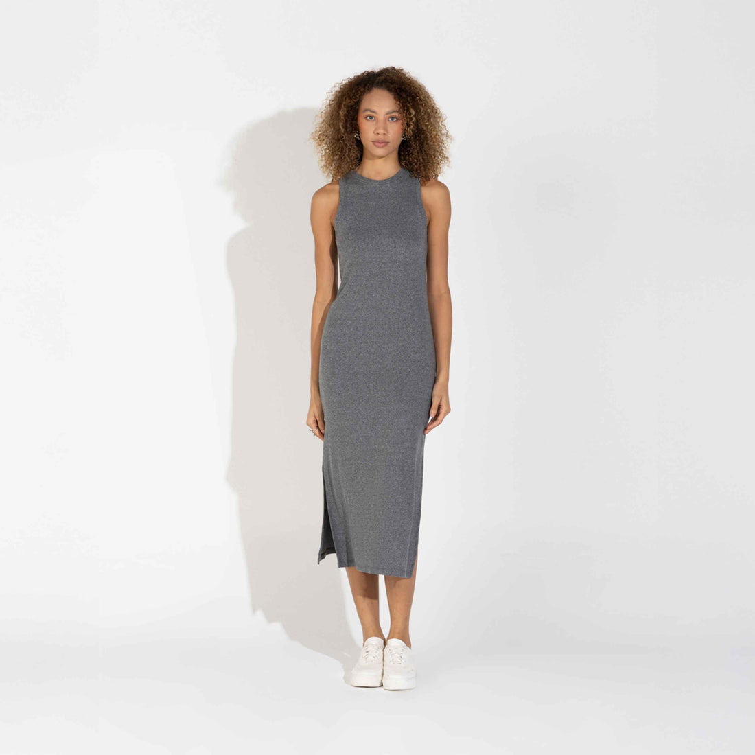 Vestido Midi Canelado Algodão - Mescla Escuro