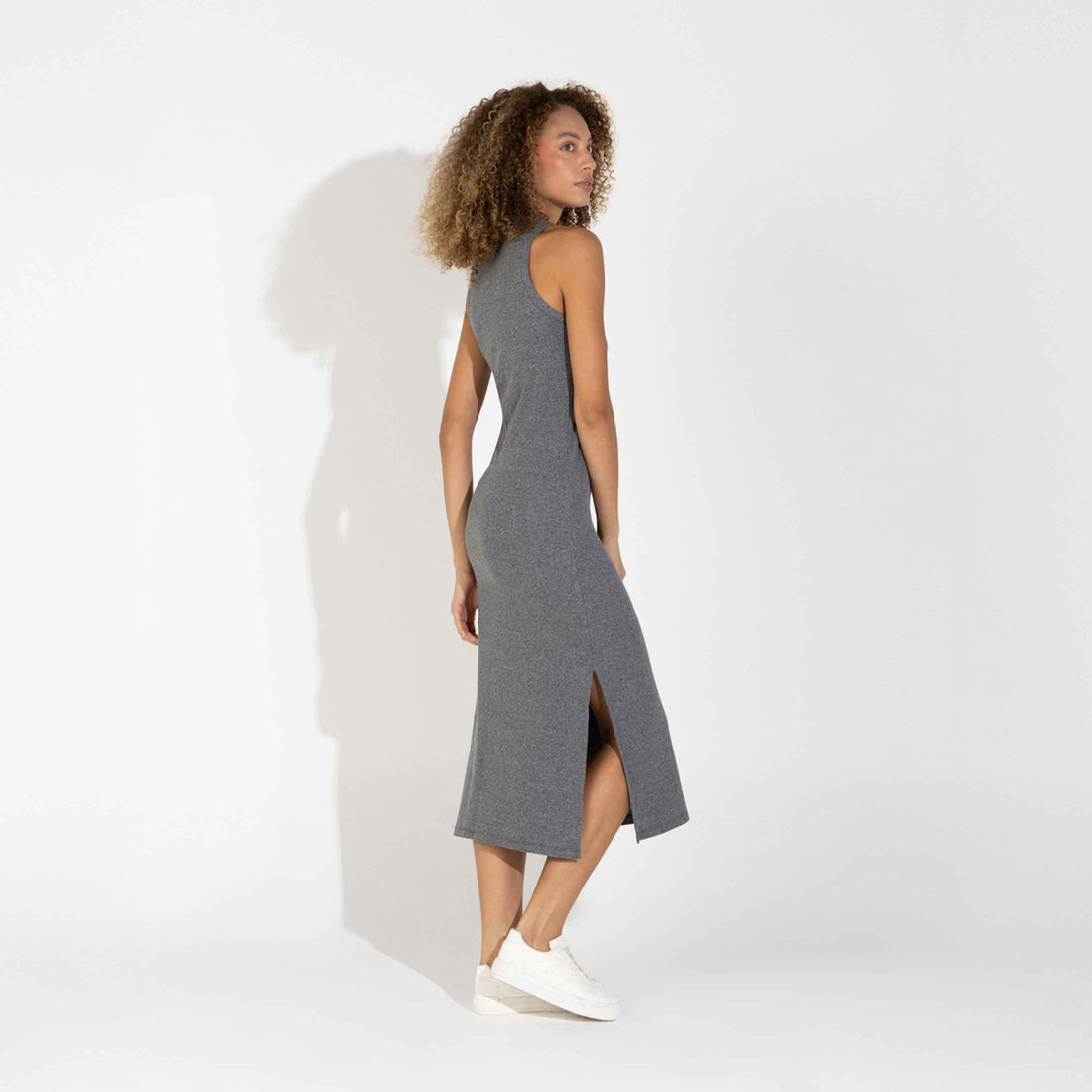 Vestido Midi Canelado Algodão - Mescla Escuro