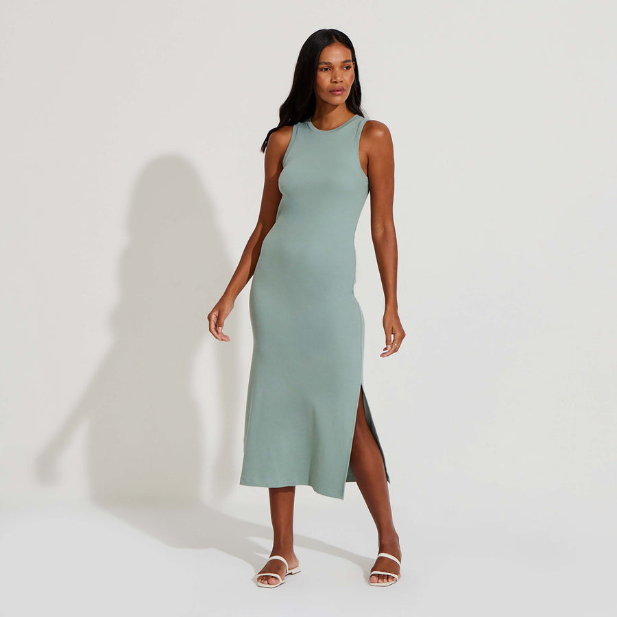 Vestido Midi Canelado Algodão - Verde Chá