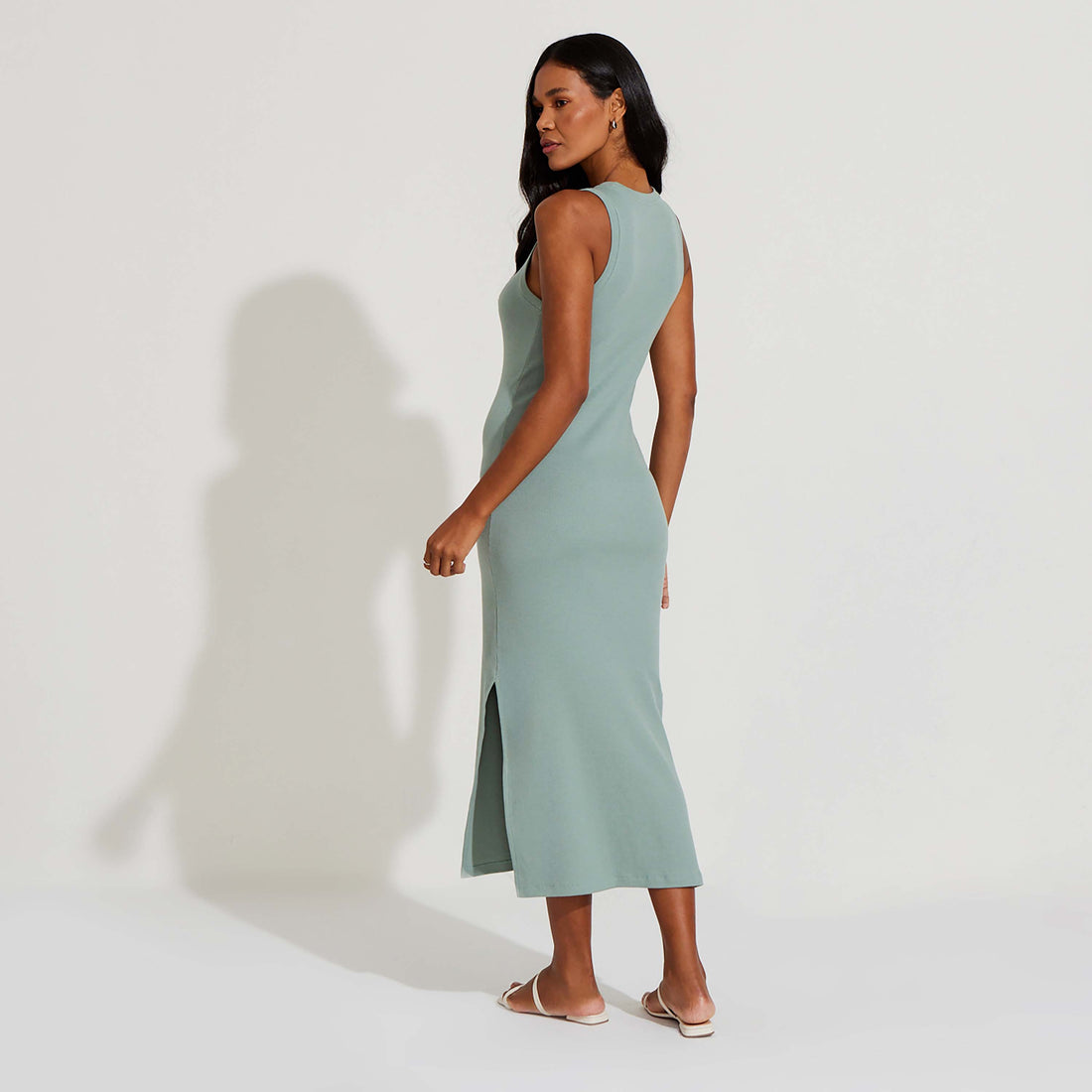 Vestido Midi Canelado Algodão - Verde Chá