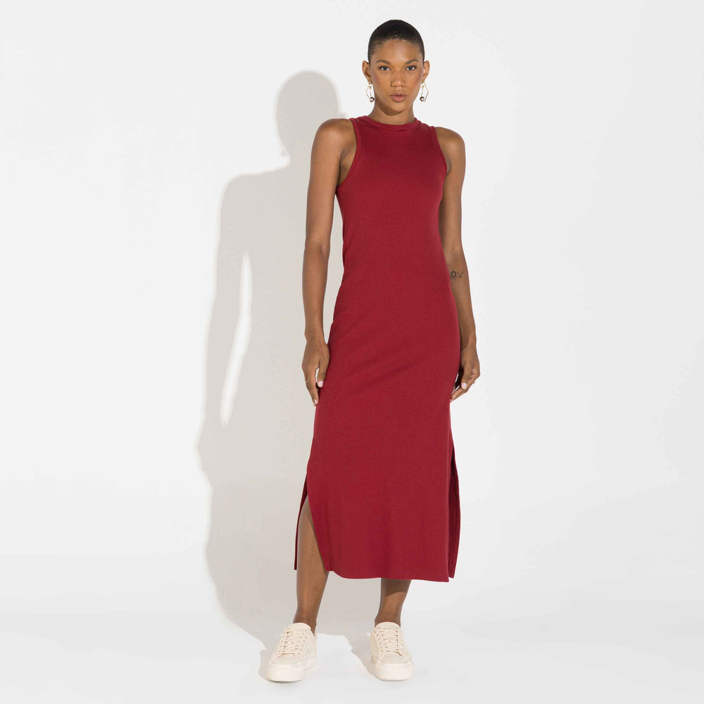 Vestido Midi Canelado Algodão - Vermelho Escarlate