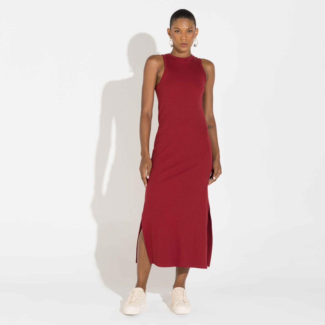 Vestido Midi Canelado Algodão - Vermelho Escarlate
