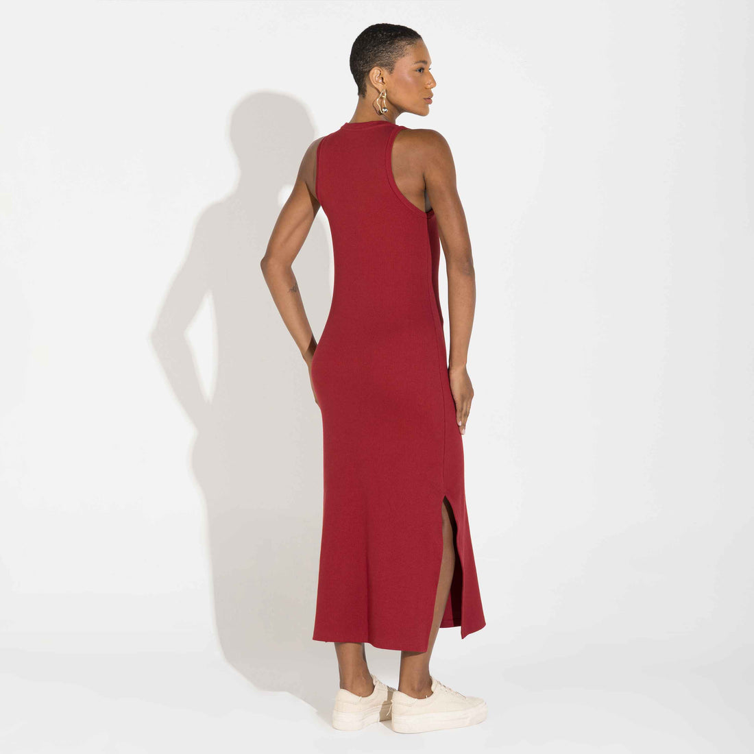 Vestido Midi Canelado Algodão - Vermelho Escarlate