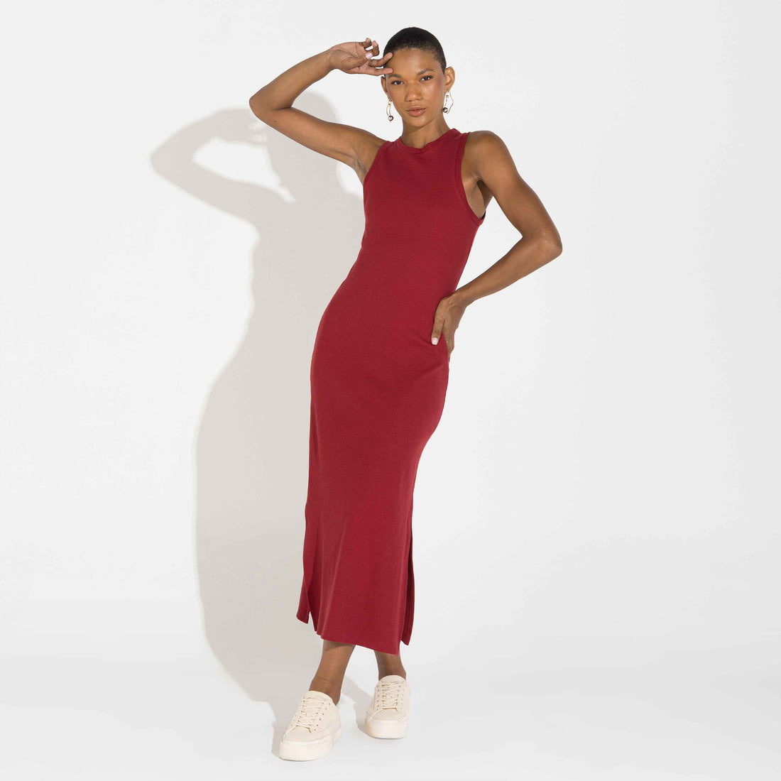 Vestido Midi Canelado Algodão - Vermelho Escarlate