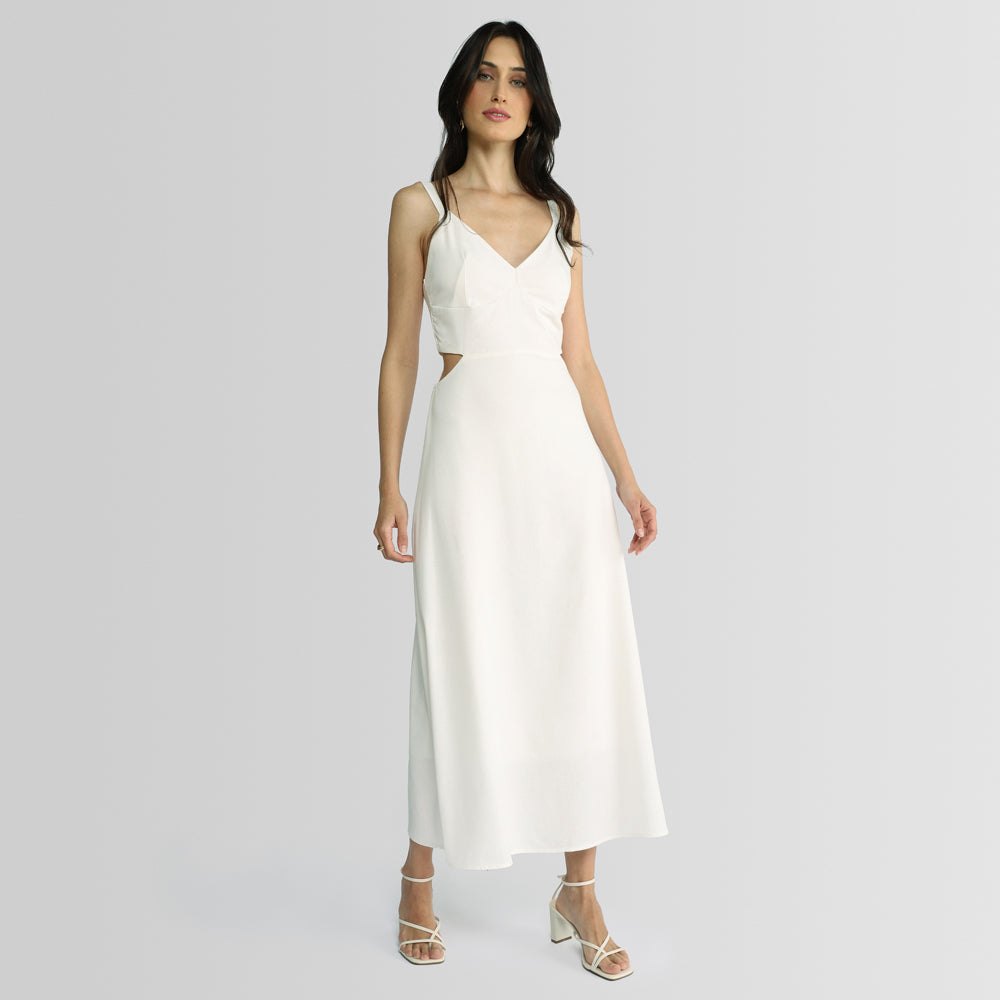Vestido Midi com Recorte Linho com Viscose - Off White
