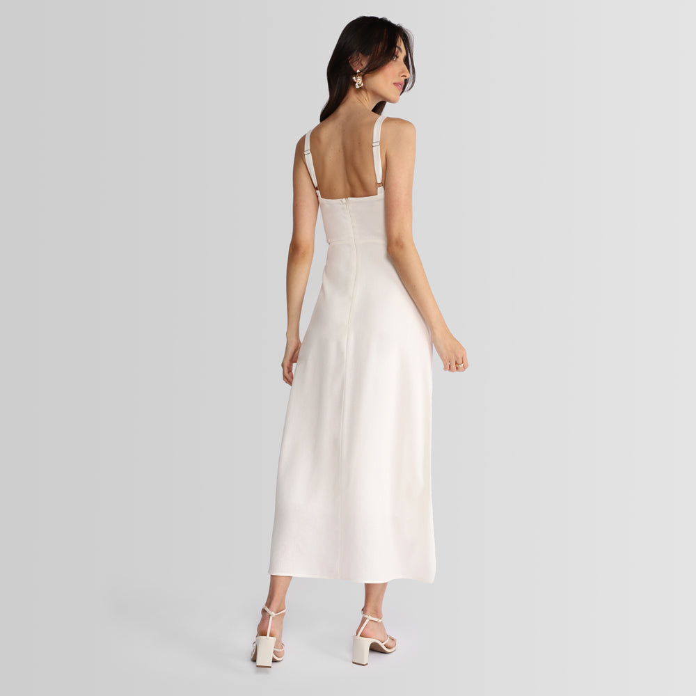 Vestido Midi com Recorte Linho com Viscose - Off White
